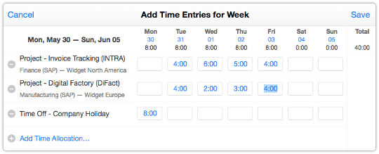 Add Time Entries for Week form